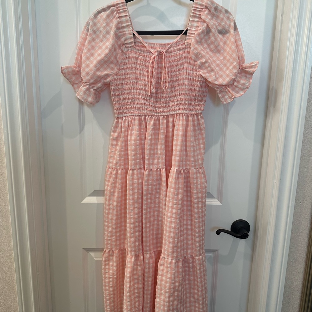 Pink Gingham Puff Sleeve Dress